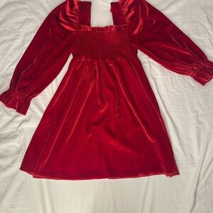 SHEIN Red Velvet Textured Girl Dress Fall Holiday Ruffle shoulder synched top